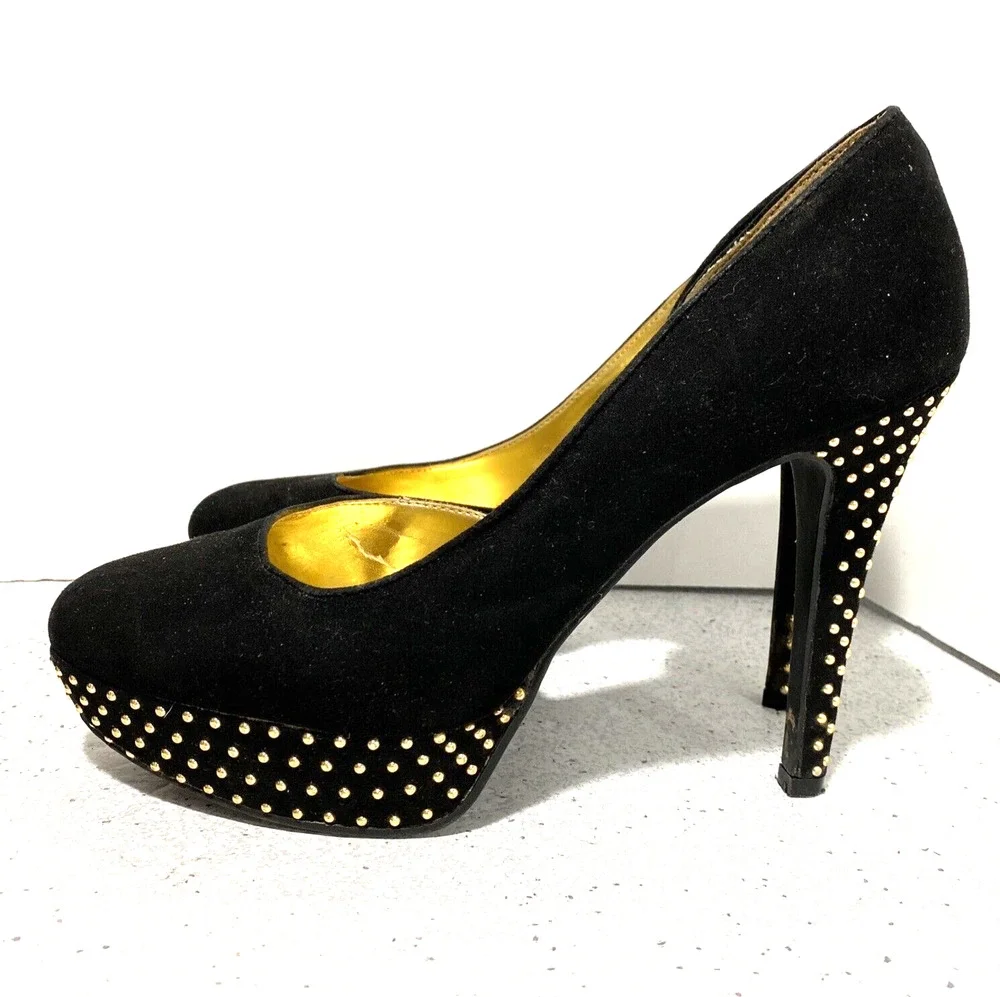Nine West Gig high heel platform pumps black faux suede & gold studs US size 8M